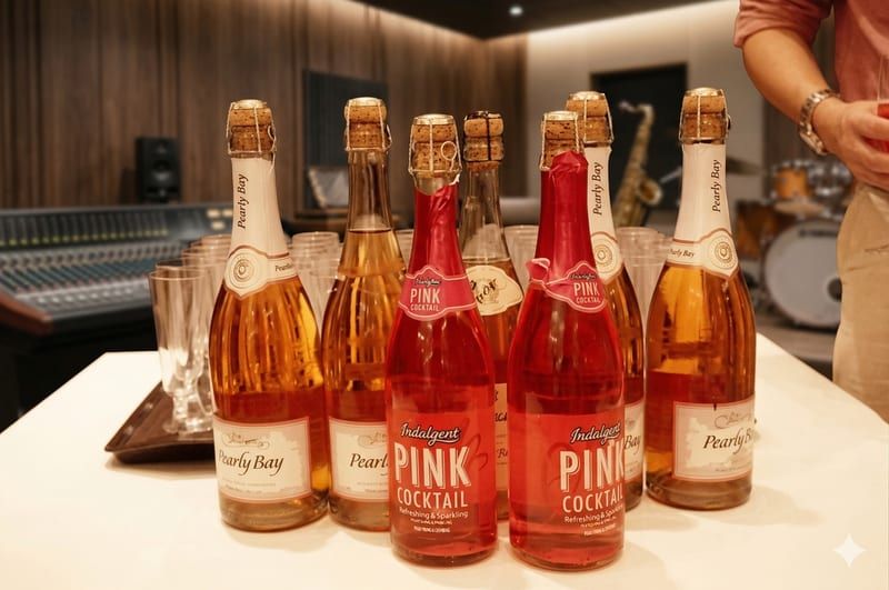 Pink champagne bottles displayed on table at celebration