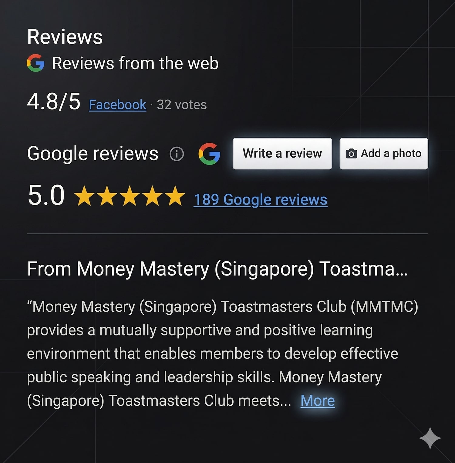 Google reviews: 5.0 stars with 189 reviews for MMTMC